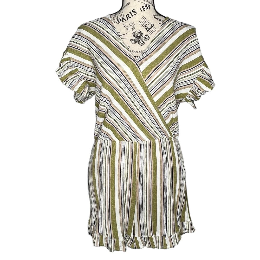 umgee (M) Faux Wrap Ruffle Sleeve Hem Elastic Waist Striped V Neck Romper